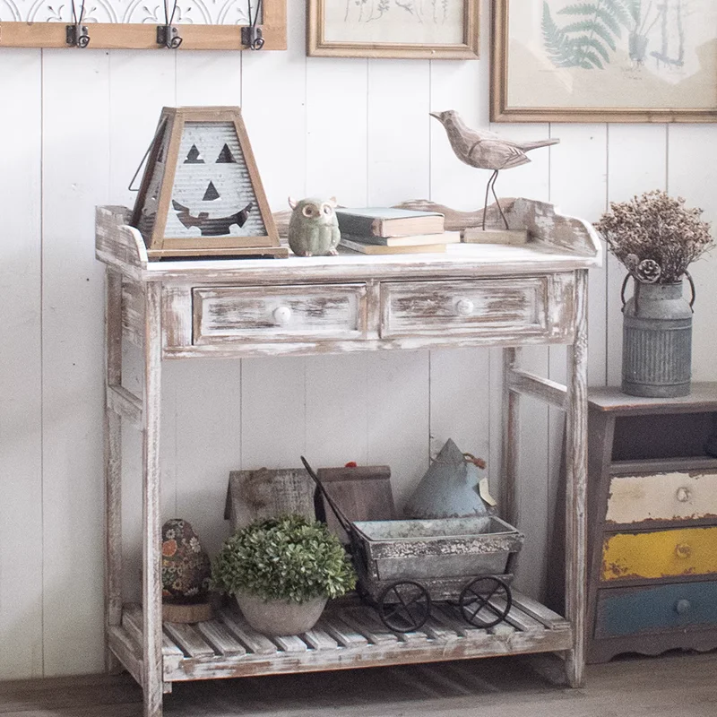 

Rustic Charm Console Table Vintage American Countryside Style, Cedar Wood Construction, Distressed White Finish, Hand-Carved Det