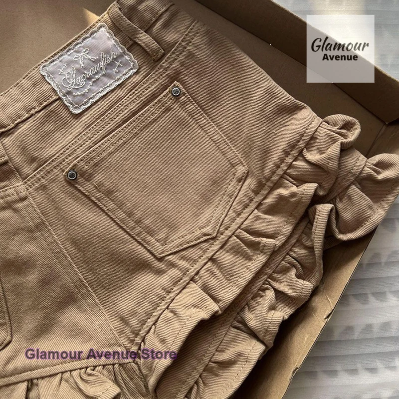 Verão novo shorts jeans feminino francês doce design sentido dupla camada renda ondulada auto-cultivo puro desejo calças quentes.