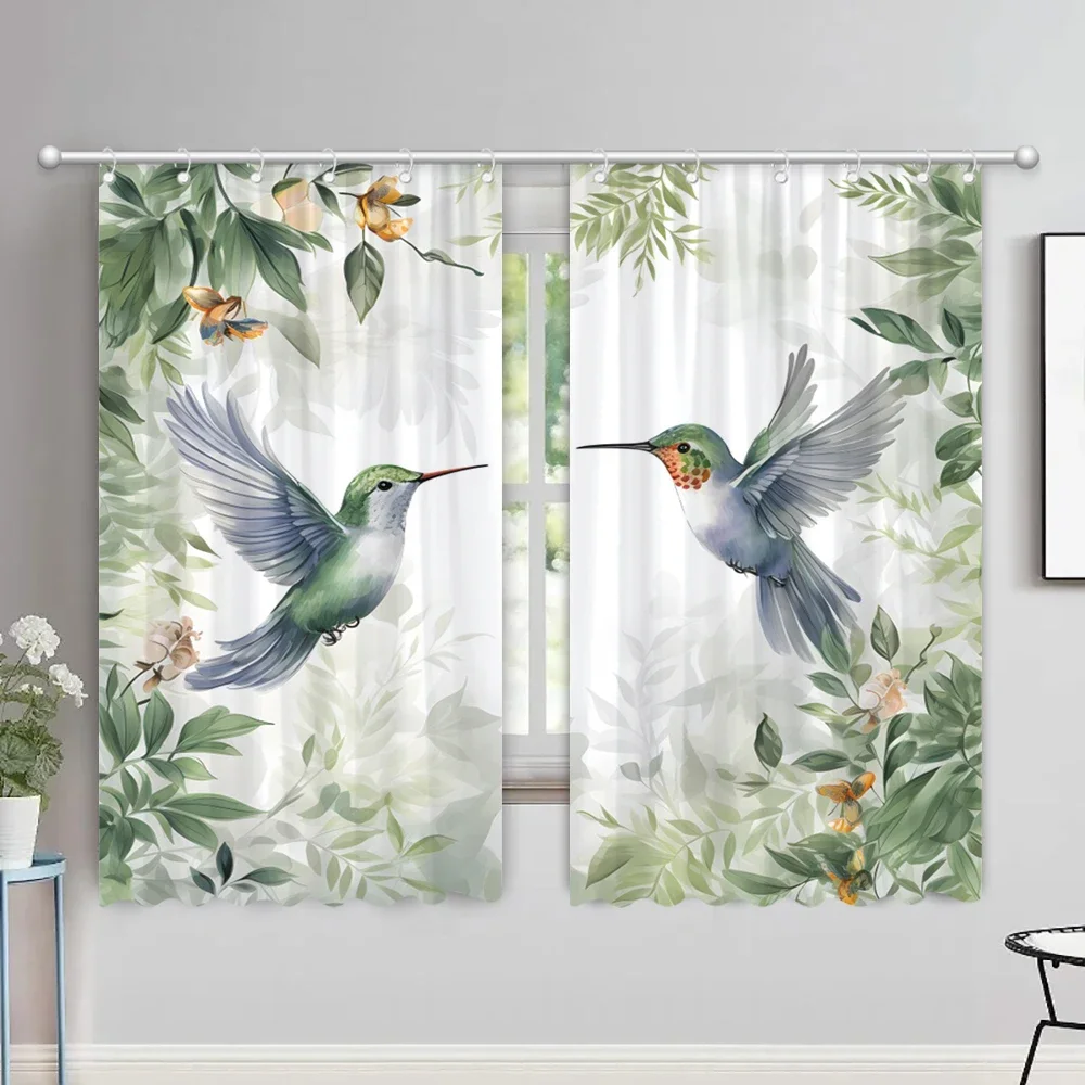 Watercolour Leaves Hummingbird Curtains Living Room Bedroom Home Decor Curtains Floral Polyester Shower Curtain with Hooks