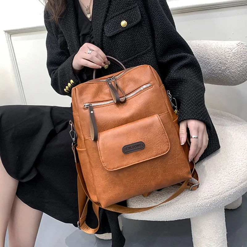 Ladies\' Single Shoulder Bag PU Soft Leather Texture New Large Capacity Simple Travel Fashion Commuter Backpack Handbag