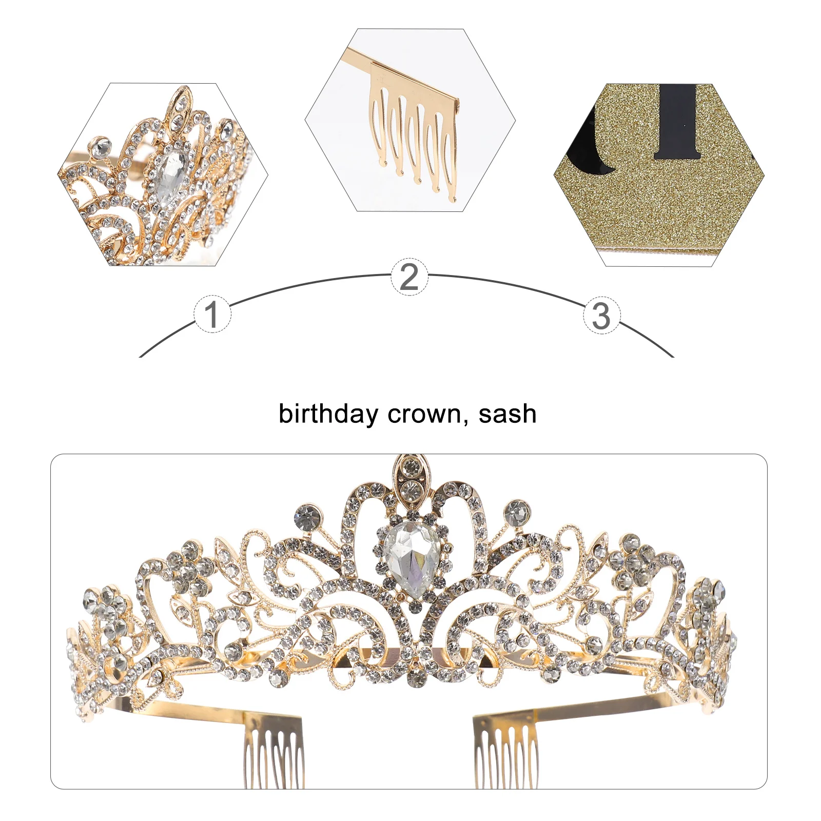 

Rhinestone Birthday Crown Sash Party Props Comfortable Safe Materials Creative Gift for Girls Durable Party Supply Kit