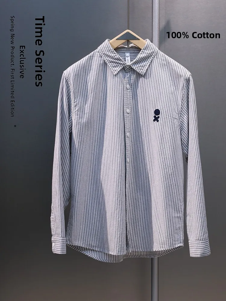 

Японский Sle с вышивкой из чистого хлопка Long Sve Striped irt Мужская весна-осень Новая свободная повседневная одежда универсальная Америка...
