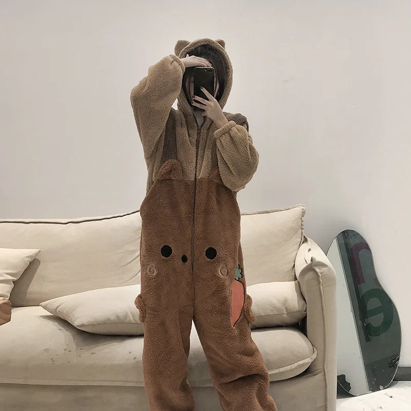 Autumn Winter Women Cute Onesies Pajamas Coral Fleece Warm Cartoon Bear Ears Hooded Sleepwear Girls Sweet Home Clothes Pyjamas