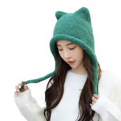Green Beanie Christmas Japanese Cute Bear Ears Hat Women's Winter Thermal Straps Knitted Ear Protection Hat Crimped Pullover Hat