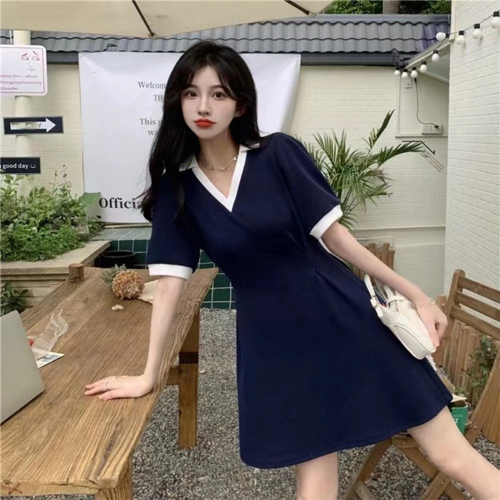 

Fashion Blue A- Line Short Dress V Neck Patchwork Elegant Mini Dress Slim Fit Simple High Waist Dress Students