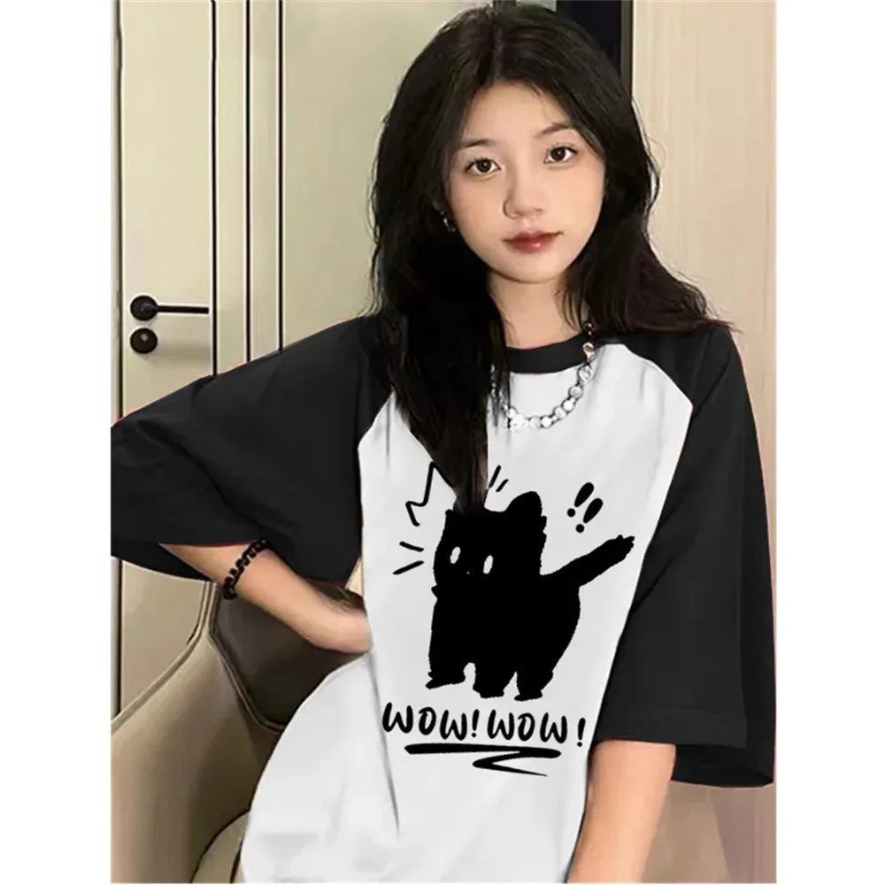 Funny Cat Letter Print T Shirt O-Neck Korean Fashion Y2k T-Shirt Casual Short Sleeve Top for Spring Summer Women Chic Clothing