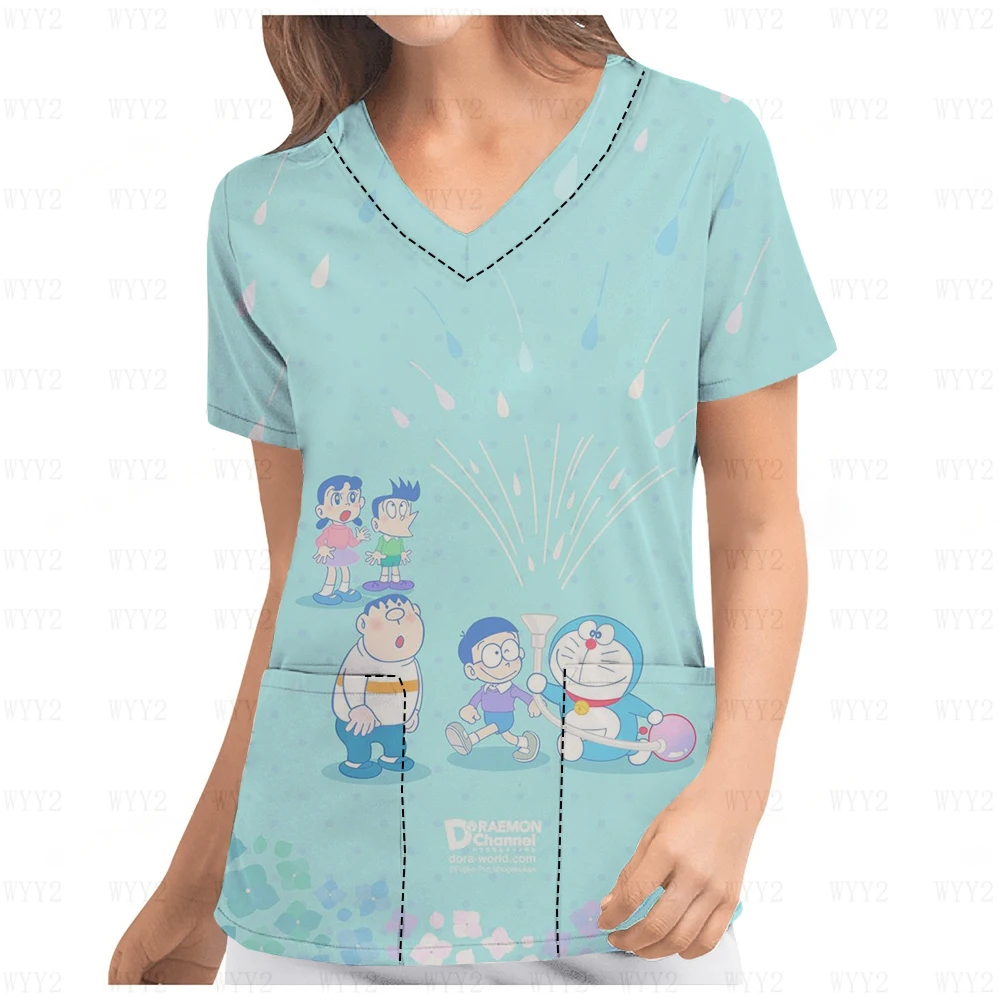 Doraemon Printed Friendly Cartoon Anime Work Clothes Dental Pet Shop Nursing Clothes V-Neck Print Scrub Top Women's Work Clothes