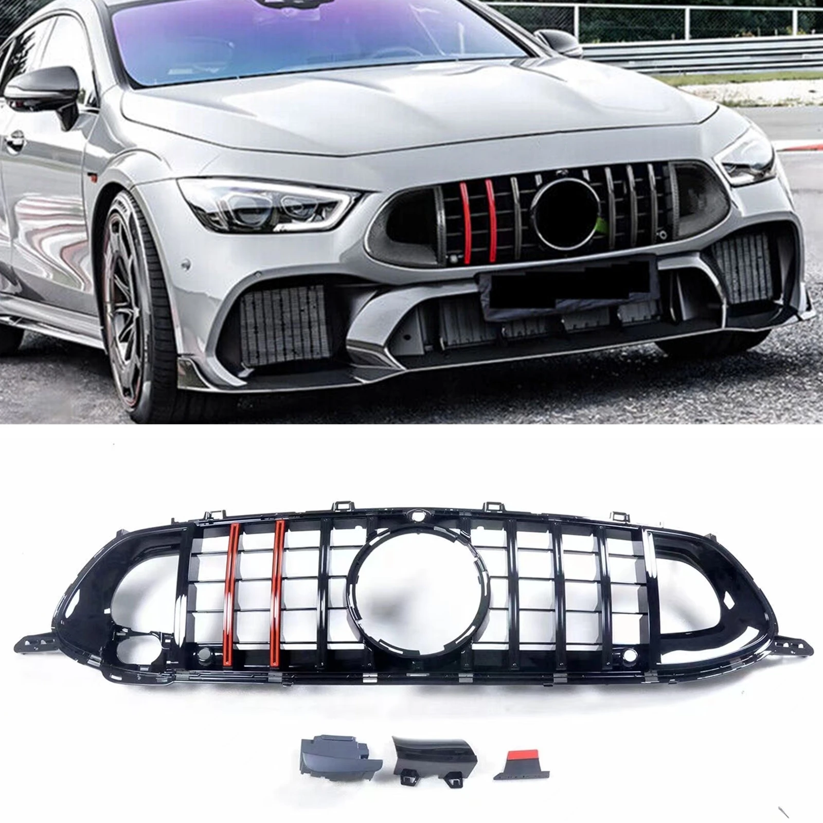 Racing Grills For Mercedes Benz W290 AMG GTS 4 Door 2018-up 43 53 63S Front Grille Black-Red Car Upper Bumper Hood Mesh Grid Kit