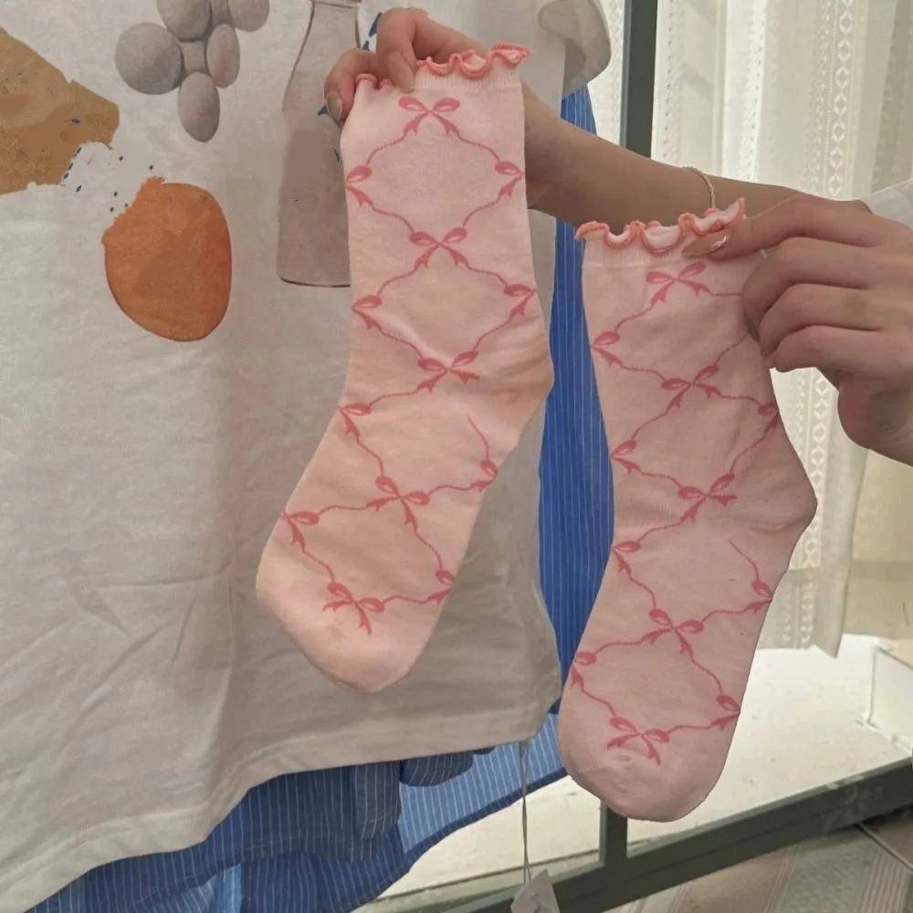 5켤레 단색 얇은 면 러플 리본 양말 인스 스타일 통기성 미드 튜브 양말 여성용 로리타 스윗 양말 여성 소녀용