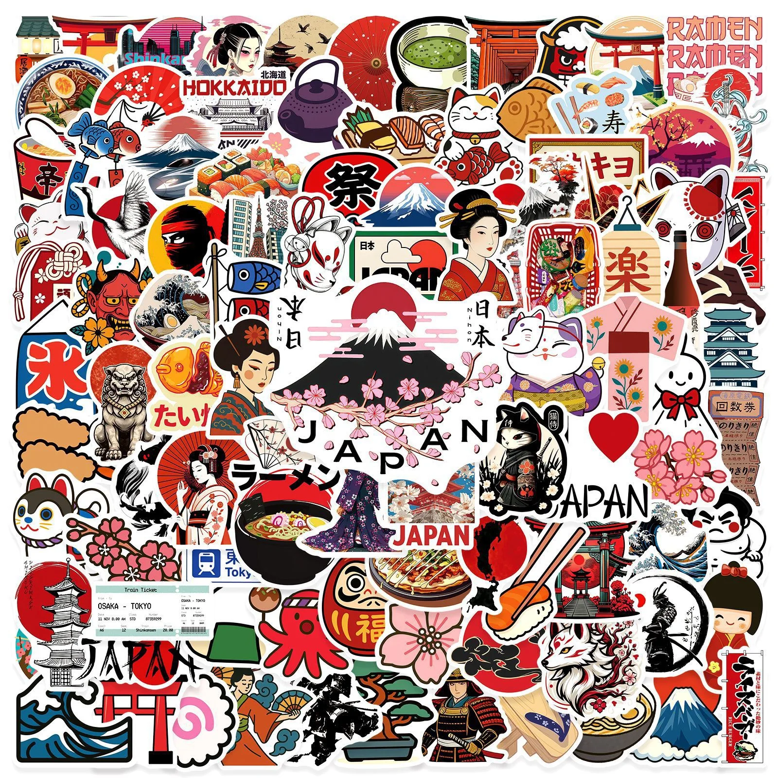 50/100 Stück japanische Aufkleber im traditionellen Kulturstil, ästhetisch, für Laptop, Wasserflasche, Gepäck, wasserfeste Vinyl-Aufkleber, Spielzeug