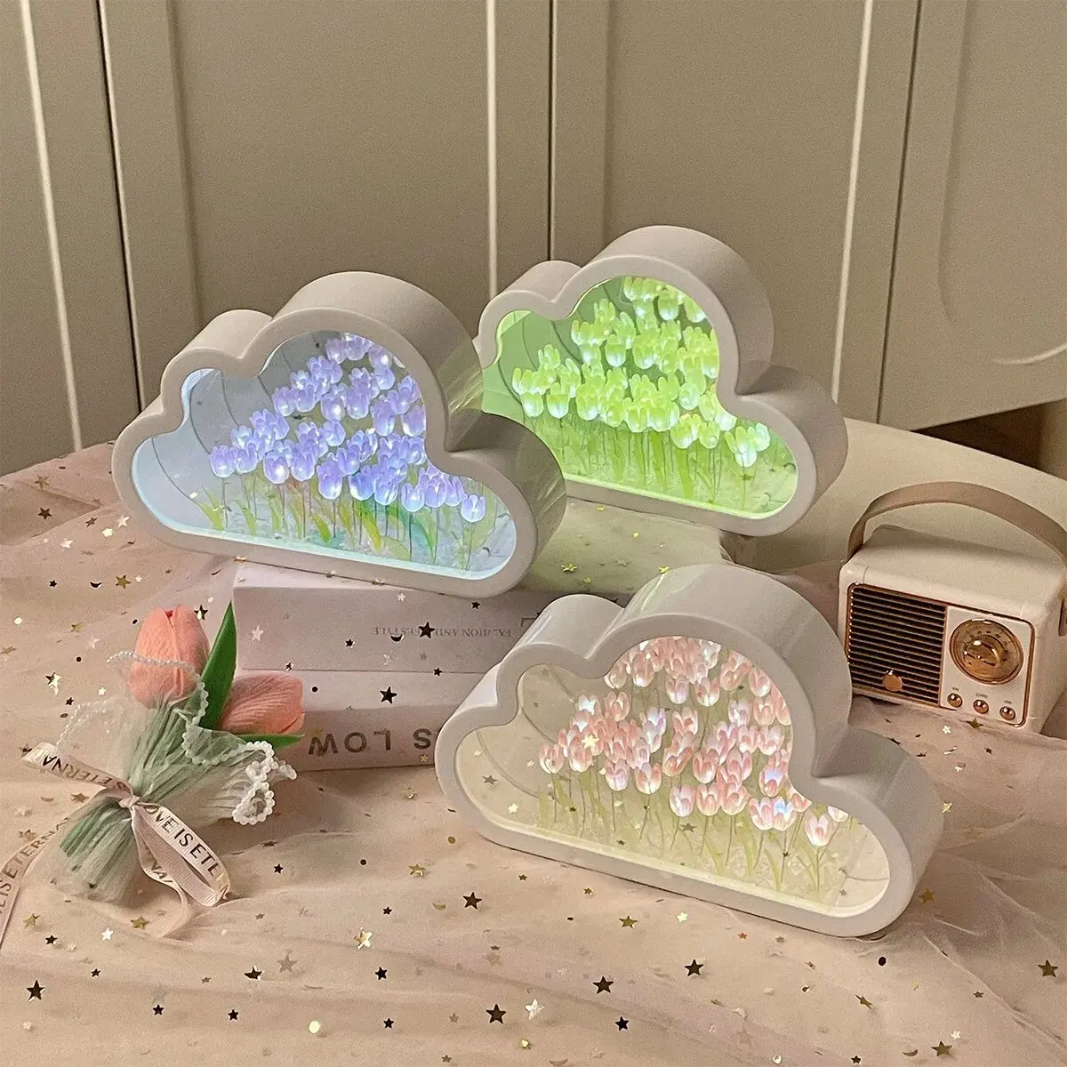 Tulip Cloud Sea of Flowers Night Light Creative Light Atmosphere Light Transparent Qixi Lovers Gift Desktop Decoration