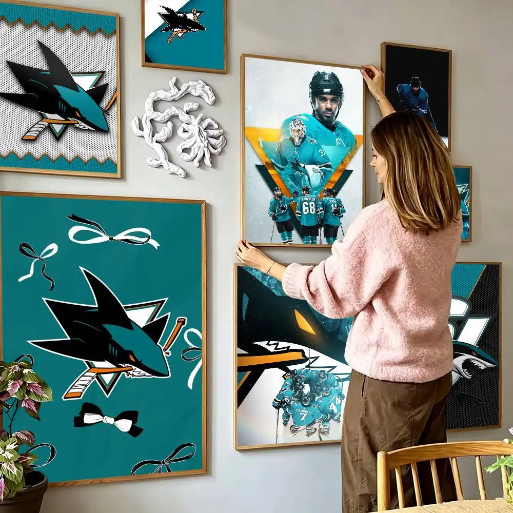 E-San Jose Sharks  Poster High Quality Dorm Living Room Aesthetic Wall Decoration Painting Stickers Gift
