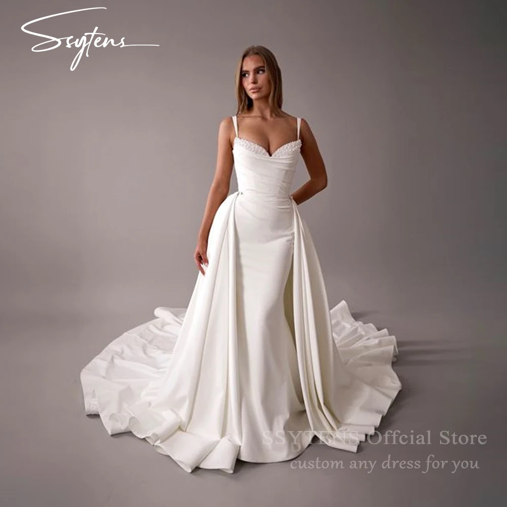 Robe de Mariée Sirène Élégante avec Bretelles Spaghetti, Tenue de Mariage avec Poignées Personnalisées, Longueur au Sol avec Traîne Amovible, pour Patients, Quelle que soit la Robe