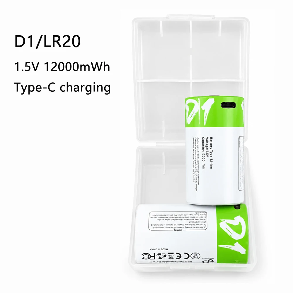 1.5V LR20 D Size Li-ion Battery 12000mWh for Gas Stove Water Heater Flashlight with Free Type-C Charging Cable