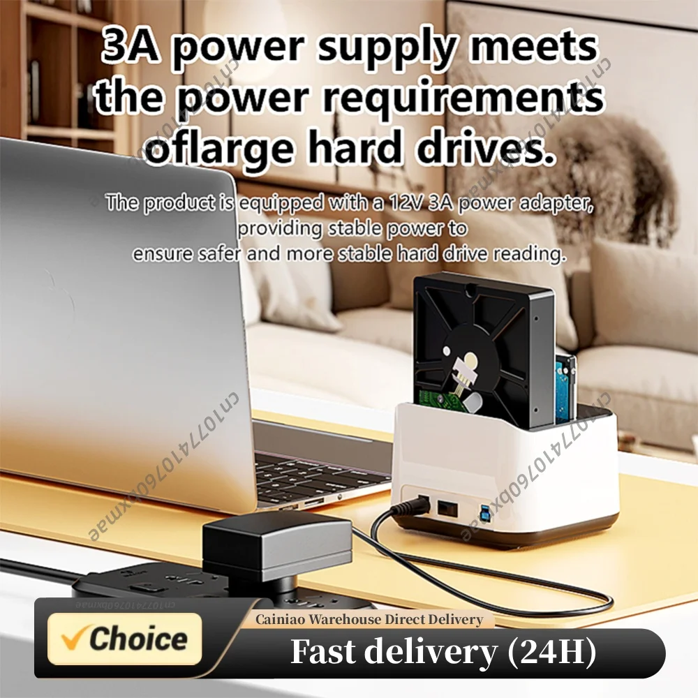 Dual-bay External Hard Drive Station USB3.0 To SATA 5Gbps Offline Clone with 12V 3A Power Adapter for 2.5 3.5inch HDD/SSD
