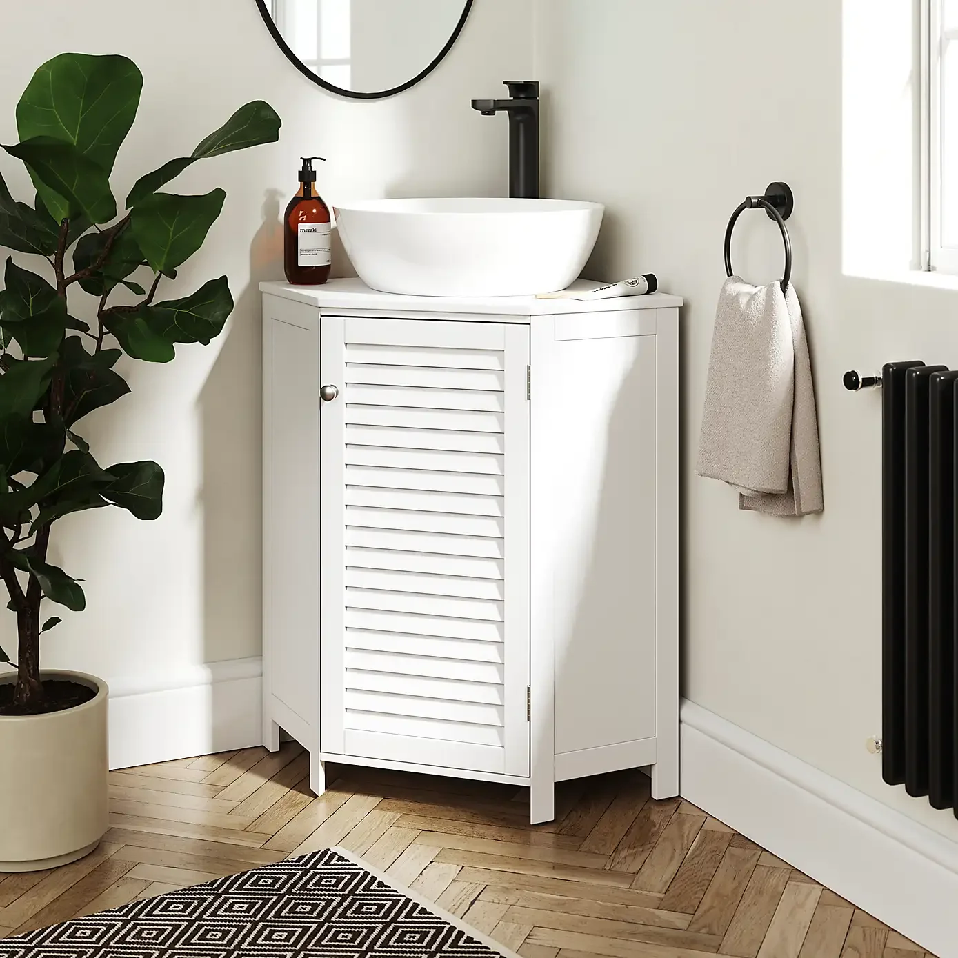 @Combohome Factory Customized Low Corner Vanity Unit White Wooden Under Sink Cabinet with Door Open Storage Shelf