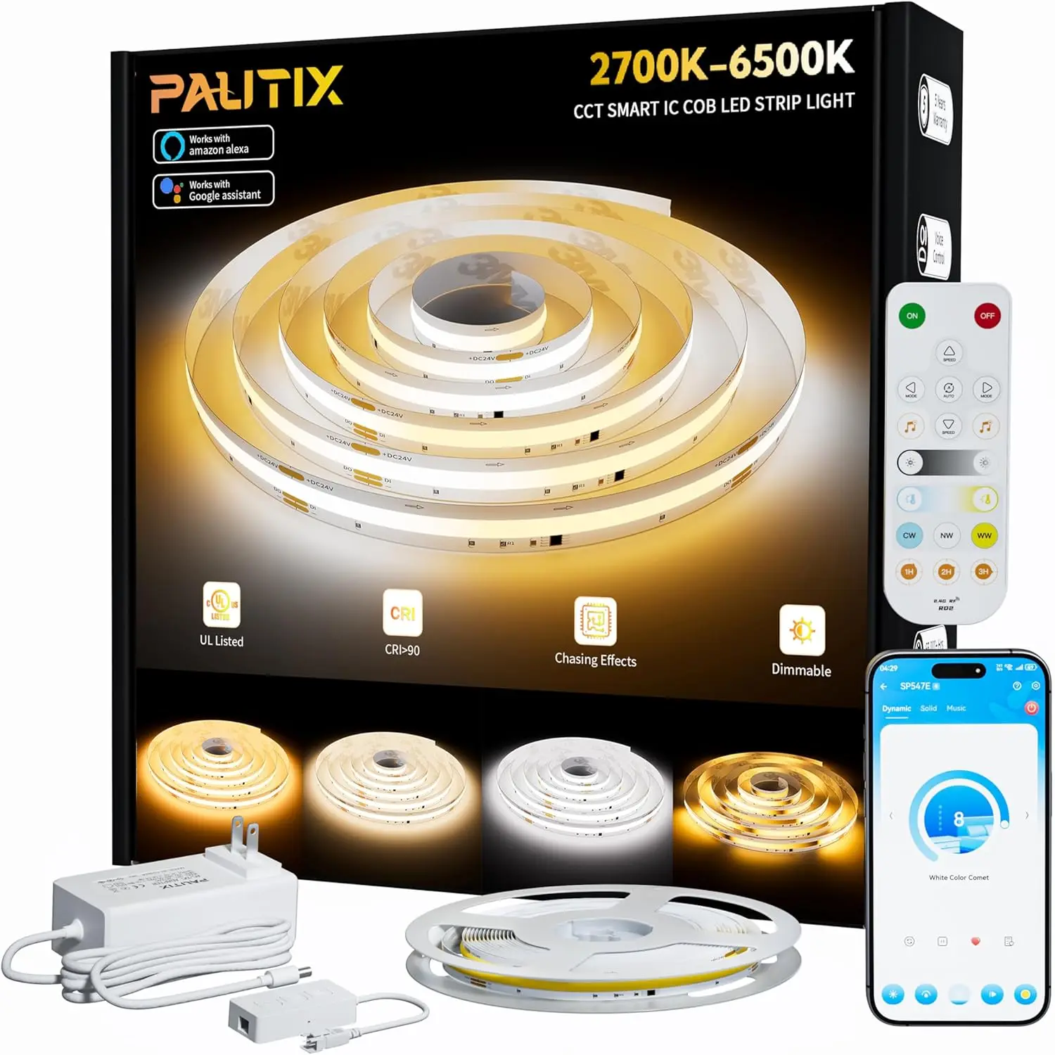 

Smart COB LED Strip Lights with Alexa Voice Control, 2700K-6500K Tunable White, Dimmable & Chasing Effects for Home DIY Lighting