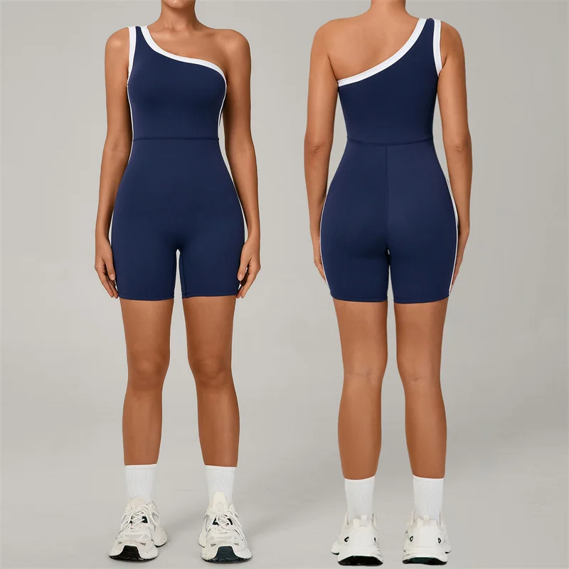 TRY TO BN 원숄더 점프수트 요가 스포츠 배색 아름다운 등라인 바디수트 피트니스 원피스 러닝 짐 여성 의류