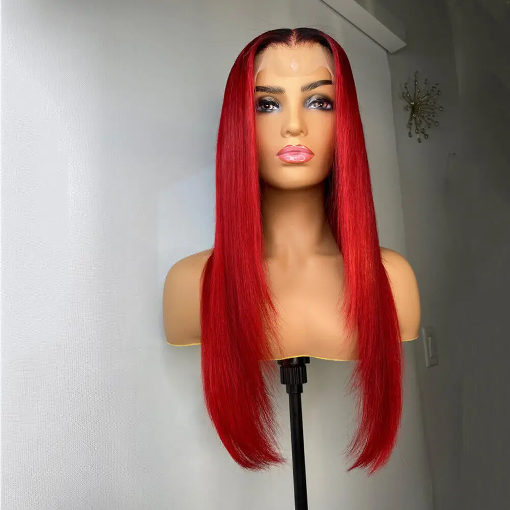 

T Lace Frontal Wigs Long Straight Gradient red Natural Synthetic Hair Synthetic