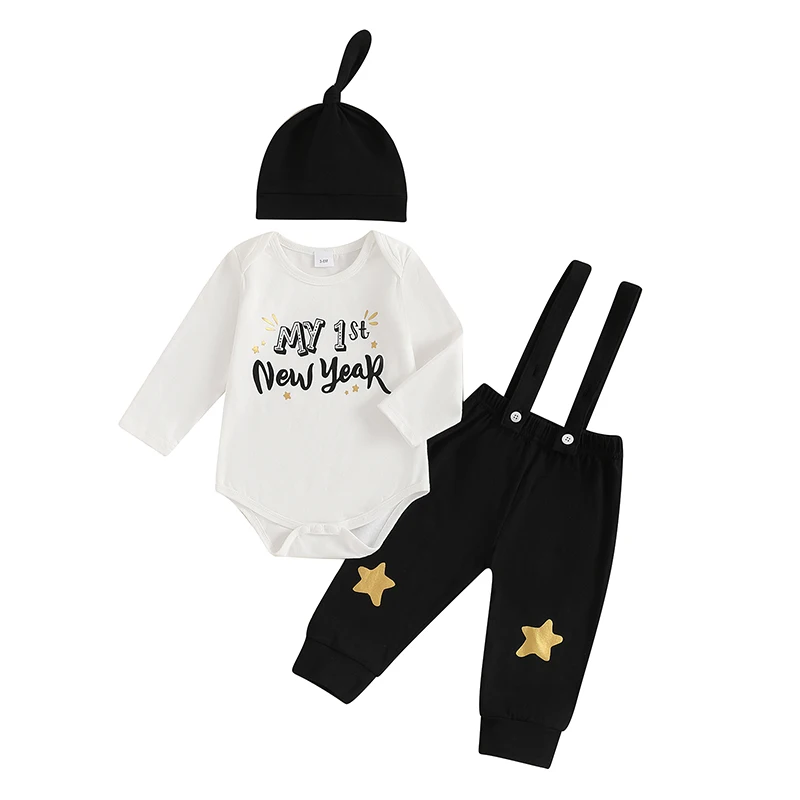 Baby Boy New Year Outfit Letter Print Long Sleeve Rompers and Star Print Overalls Hat Set Spring 3 Piece Clothes