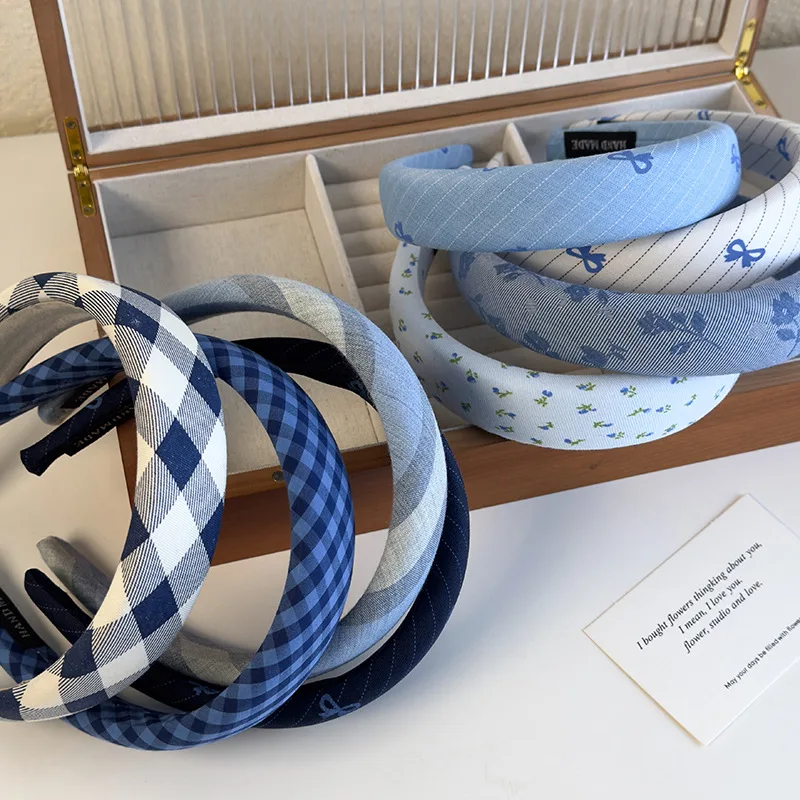 Blue Series Check Bow Headbands Sponge Wide Hair Band for Womans Girls Sweet Hair Hoop Female Fashion Hair Accessories Retro New — zdjęcie 3
