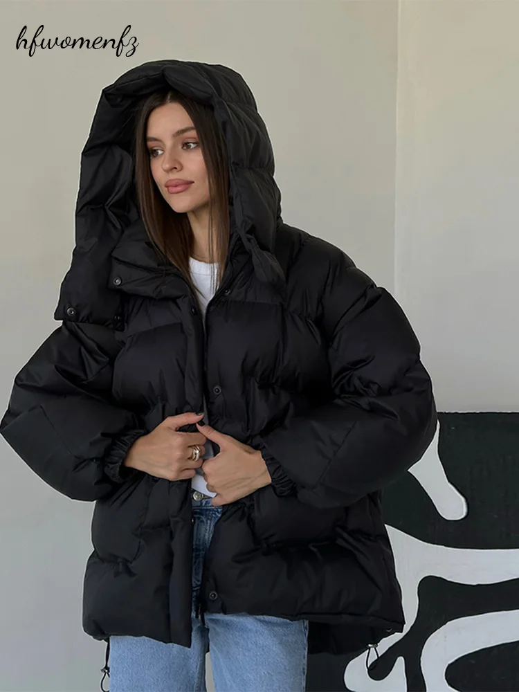 Women's Winter Hooded Padded Coat Drawstring Waist Long Sleeve Pockets Black Puffer Jacket 2026 Winter Lady Thick Warm Outwear