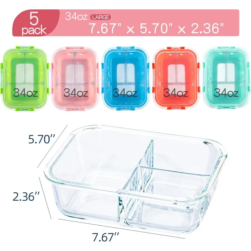 5 Pack Glass Meal Prep Containers 3 Compartment with Lids, Divided Storage Silicone Sleeve for Lunch, Leak-Proof Portion