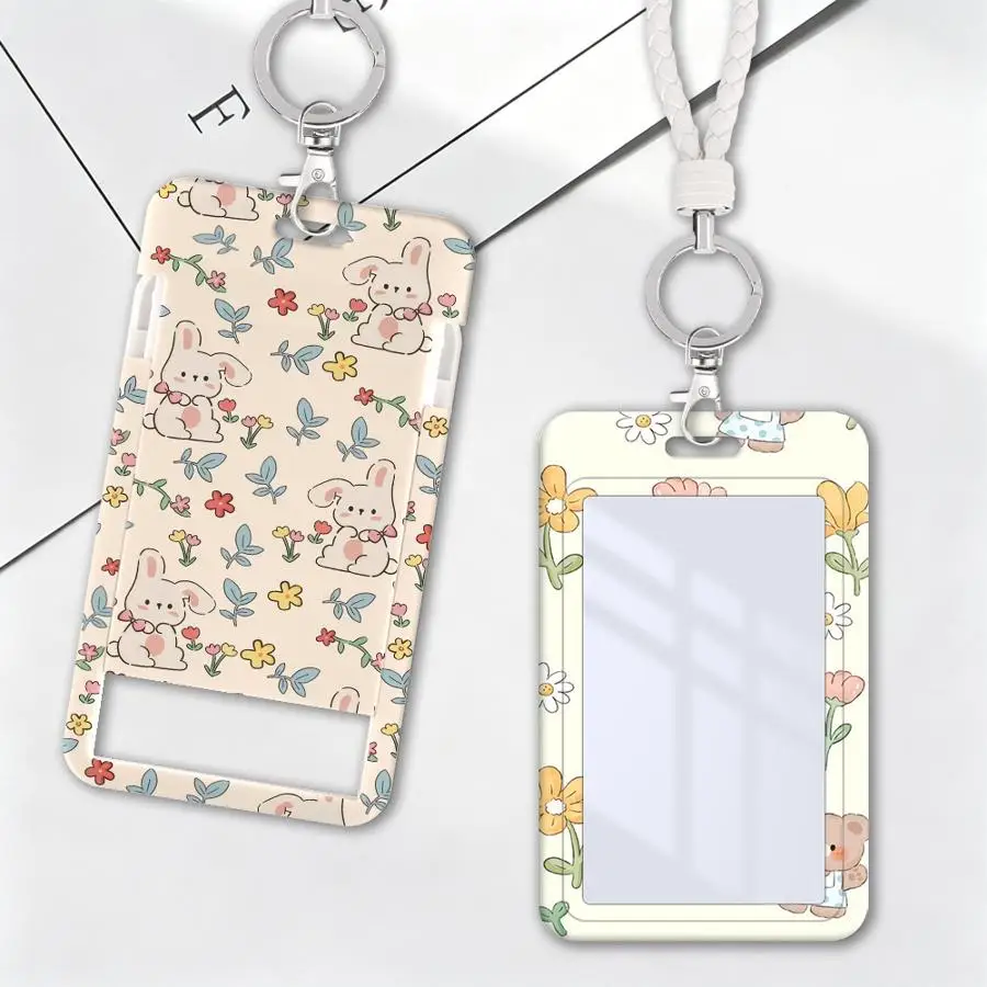 Flowers And Small Animals 1Pc Card Holder Retractable Credit Card Holders Holders Child Bus with lanyard Badge Bank ID Cover