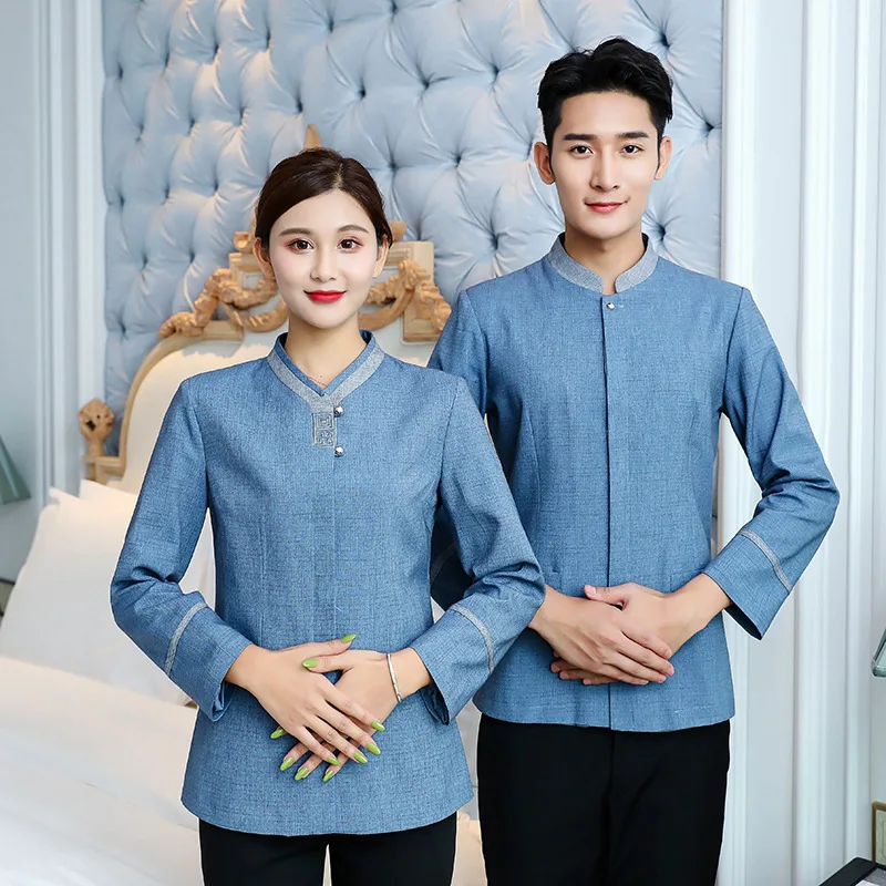 Wholesale Supply Linen Plaid Cleaning Service Uniform Autumn and Winter Clothing Large Size Hotel Room Attendant Long Sleeve PA