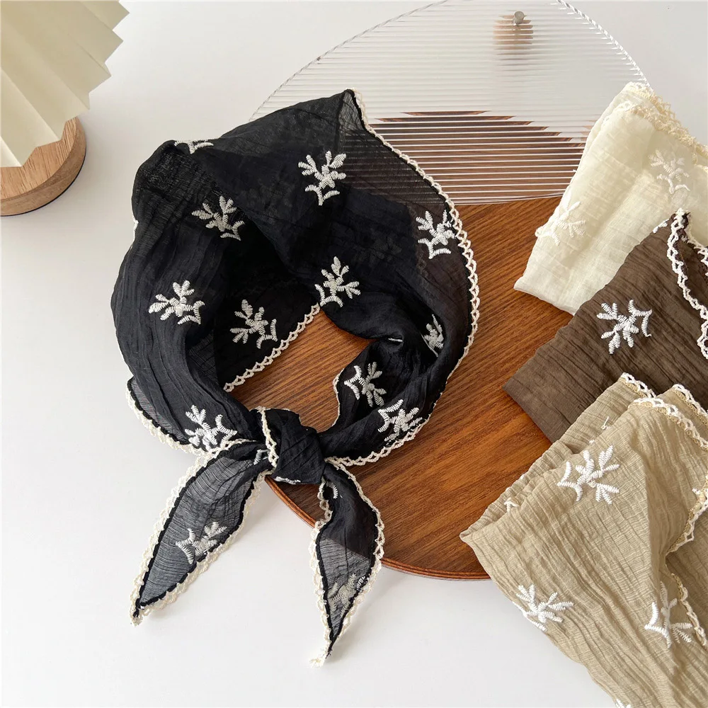 Embroidered Flower Neck Scarf Shawl Summer Triangle Lace Hair Head Wrap Headband Handkerchief Hair Ties Bandanas Hair Ribbon