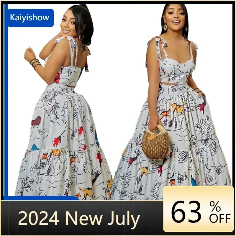 African Clothes for Women Summer Sexy African Women Sleeveless Polyester Printing Two Pieces Top and Long Skirt Matching Sets