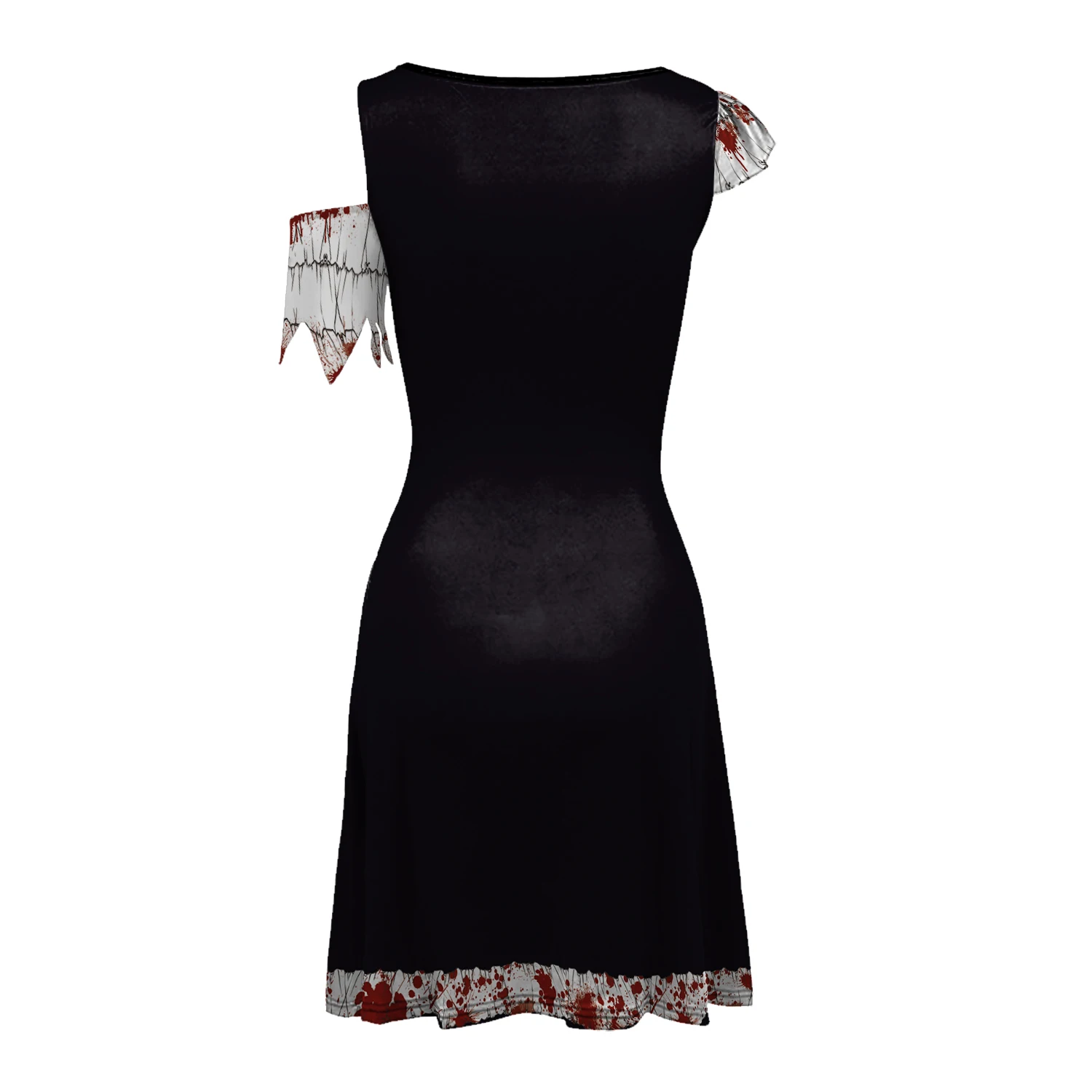 Halloween Horror Clown Dress Cold-Shoulder Black White Split Dress Pom-pom Blood Stain Print Fancy Cosplay Party Outfits