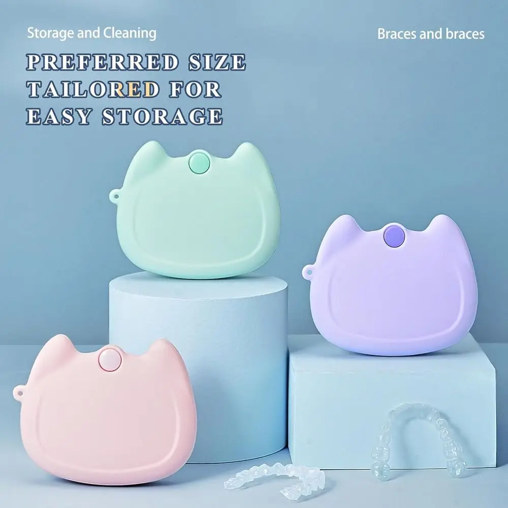 

Cartoon Cat Silicone Retainer Case Soft Drain Holes Mouth Guard Container Ventilation Candy Color Denture Storage Box