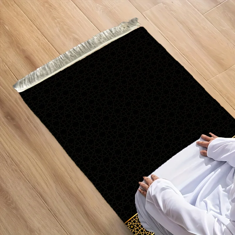 VIKAMA Minimalist Black Gold Geometric Prayer Rug High Density Non Slip Worship Mat Islamic Prayer Carpet for Home Bedroom