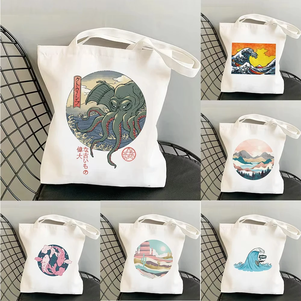 Sac fourre-tout en toile imprimé style japonais Great Wave, sac à bandoulière Harajuku, sac de shopping pour le commerce extérieur