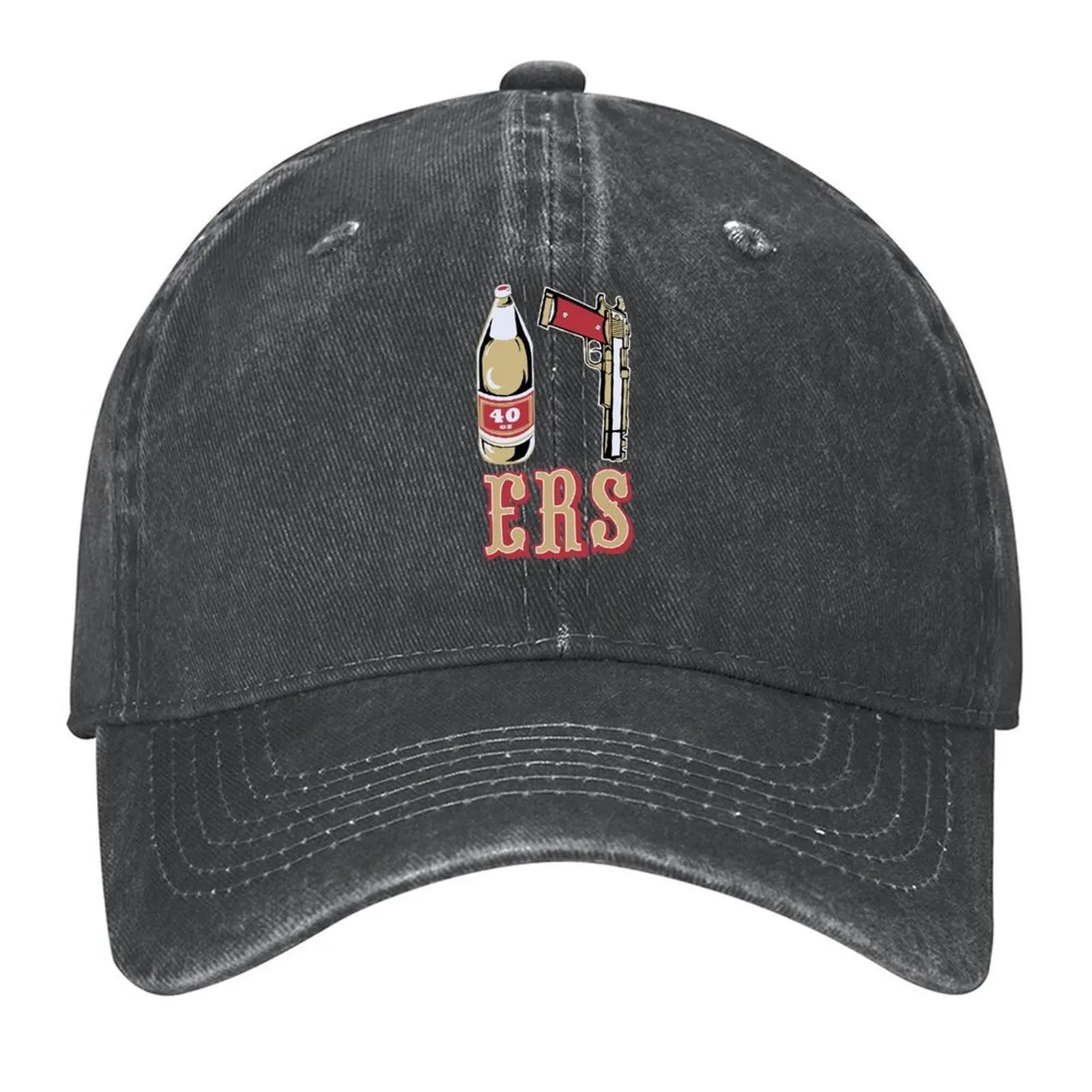 

Cool Mens Black 49ers 40 OZ 9MM Gold Gun Baseball Cap Wild Ball Hat Visor derby hat hats on offer Men Women's