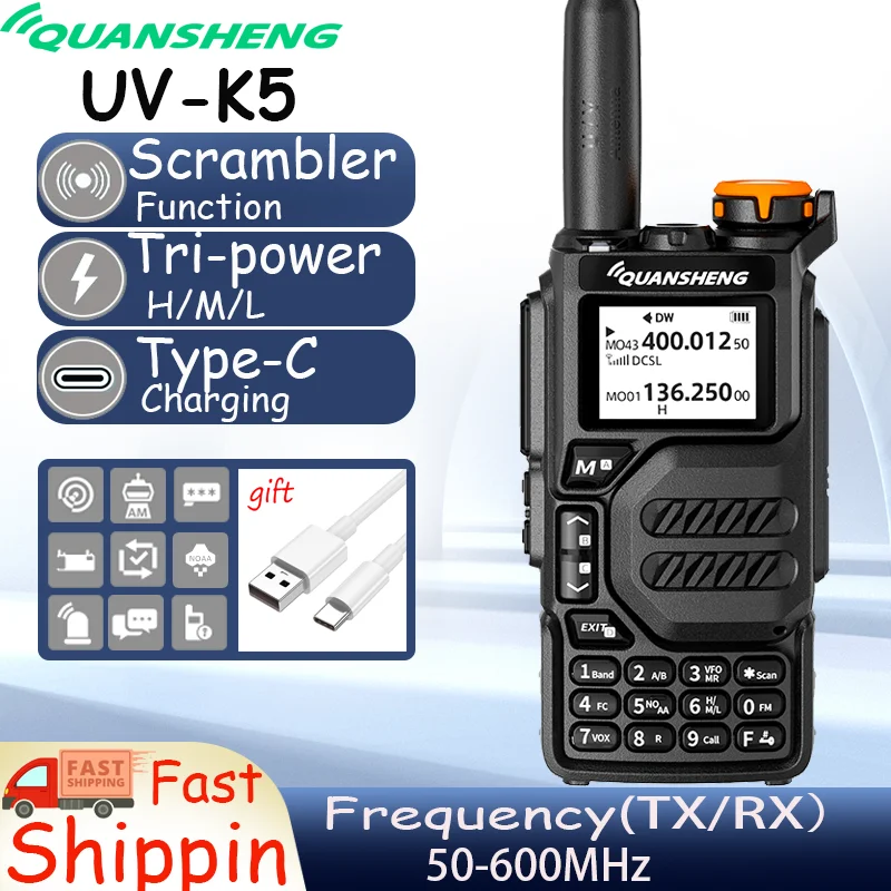 Quansheng-UVK5 Walkie-Talkie profissional, UV Multi-Frequency, Full-Length, Hand-held, de longa distância, profissional, civil, ao ar livre, na