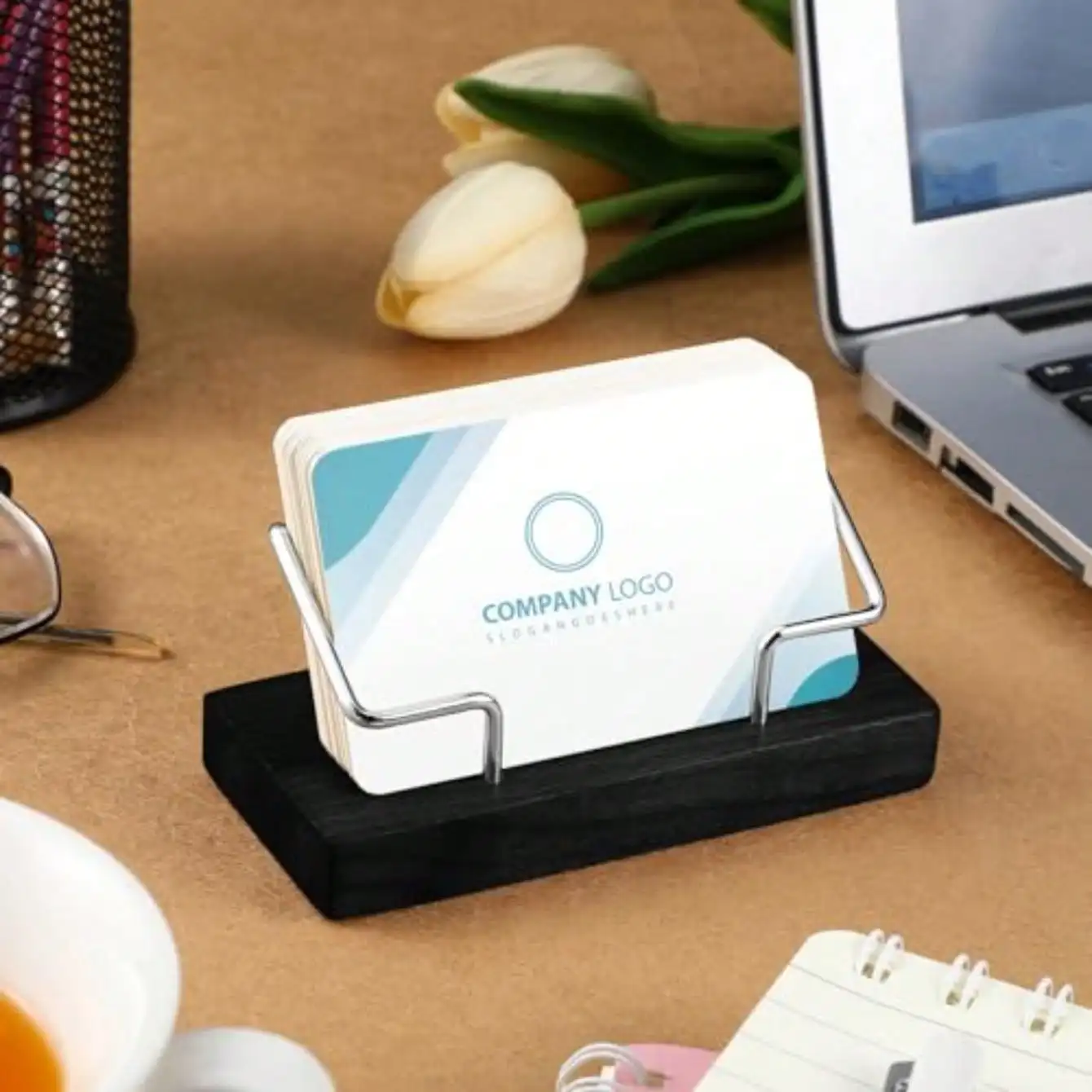 2 Pieces Wood Business Card Holder For Desk Wooden Business Card Display Stand Postcard Holder For Office Home Desktop Black, Silver image 5
