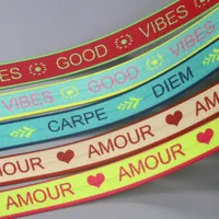 DHK 5/8'' 10yards Good Vibes Amour Carpe Printed Fold Elastic FOE Stretch Ribbon Accessories Decorations Craft DIY Sewing B2257