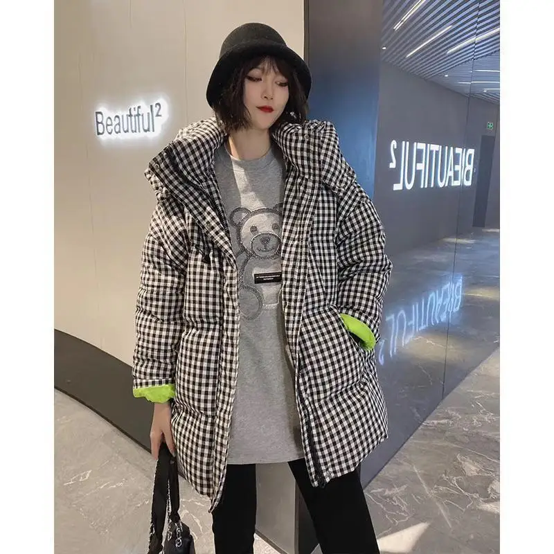 

Plaid Thiened Winter Du down Coat Women's Midi Loose Faion Outerwear Straight Cut Long Sve Zipper Closure Color