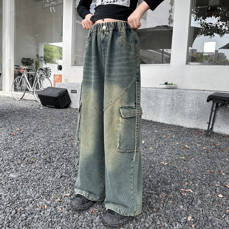 جديد الخريف المراهقات البضائع الجينز مع جيب عالية الخصر بنطال ذو قصة أرجل واسعة الأطفال فضفاض الكورية الأزرق عارضة نمط السراويل #5