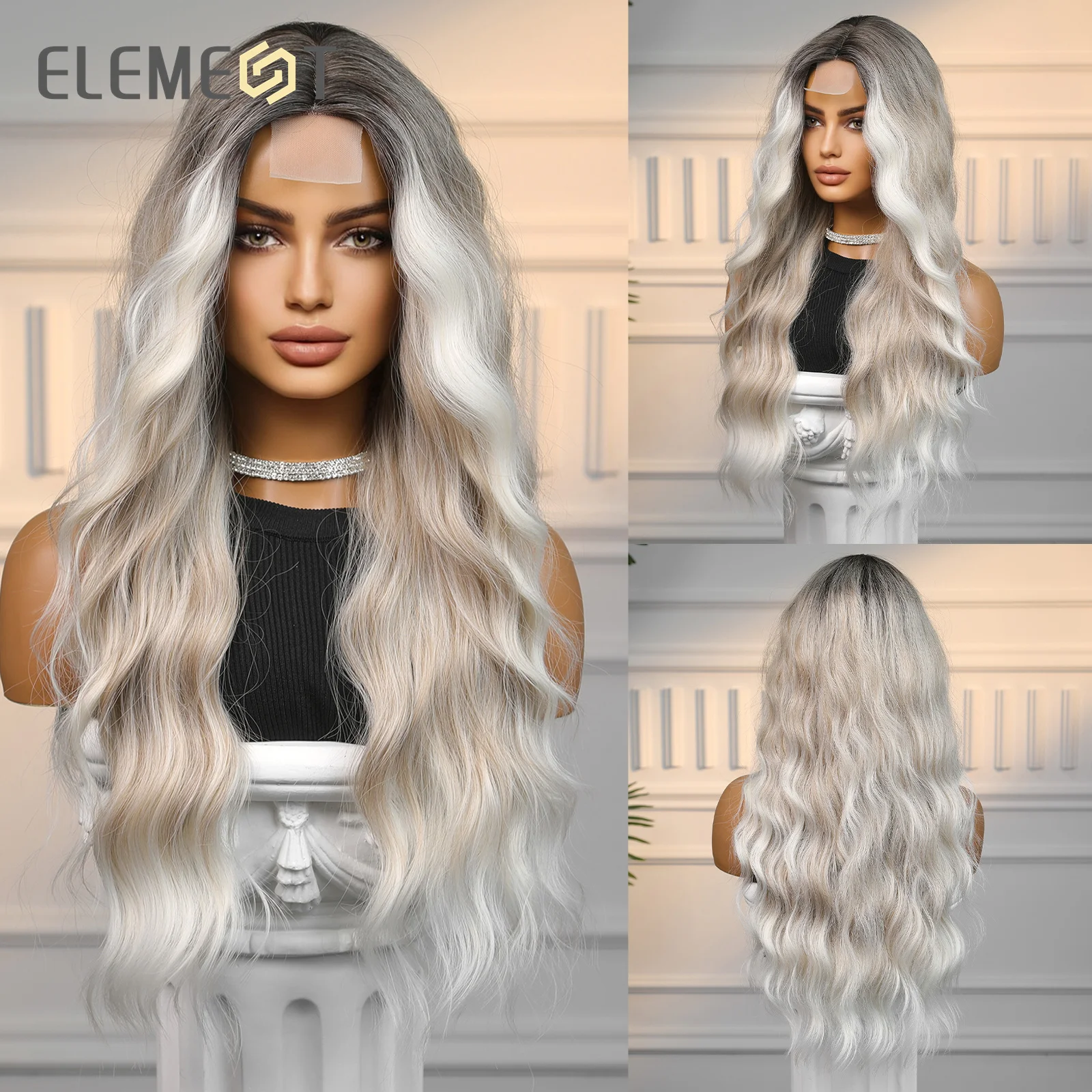 

ELEMENT 4*1 Part Front Lace Synthetic Wig Long Curly Wavy Ombre Dark Root to Blonde with Highlight Hair Wigs for Ladies