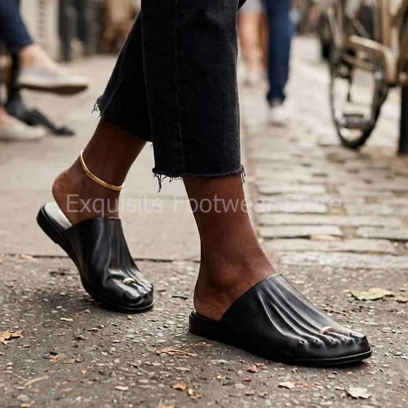 Womens Five Toes Embossed Flat Mules Soft PU Leather Backless Slip On Sandals Novelty Sculptural Summer Slide Ladies Party Shoes