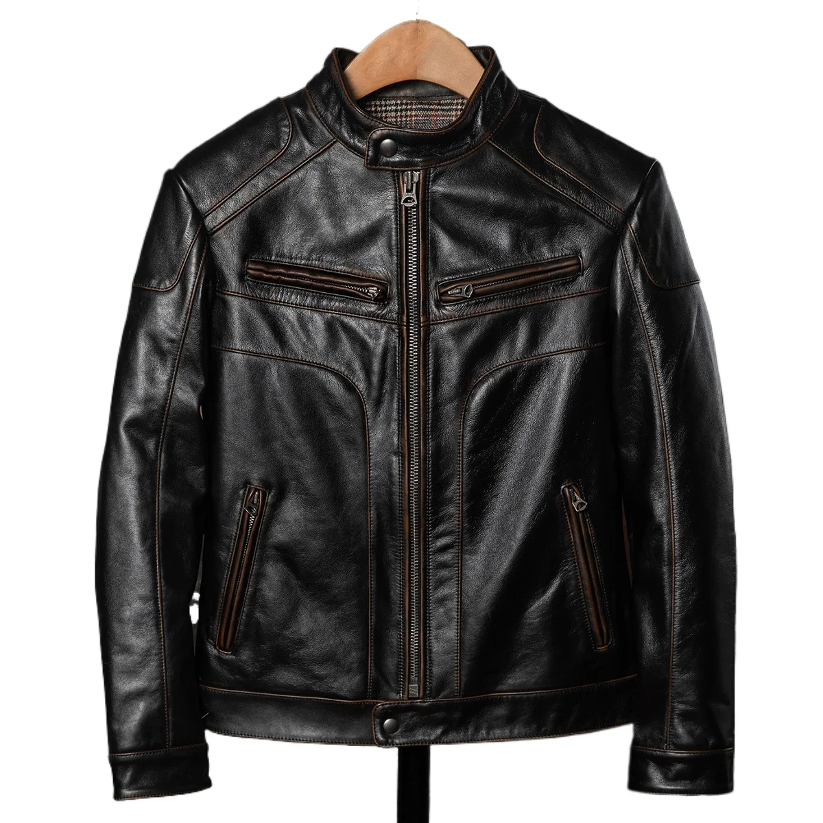 Men's Genuine Cowhide Leather Cafe Racer Jacket Black Brown Burnished Band Collar Twin Chest Zips Contrast Piping Plaid Lined