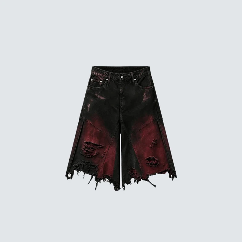 Punk Hip Hop Streetwear Red Washed Vintage Denim Short Front Patchwork Heavy Rips Street Frayed Hem Loose Shorts Men Clothing