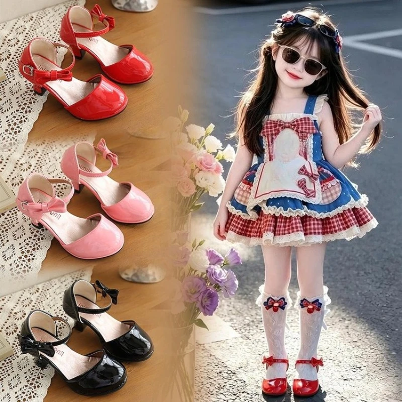 Mumoresip Girls Mary Jane Sandals Bow Princess Lolita Children Dress Shoes Wedding Party Non-slip Kids Catwalk High Heel Sandals