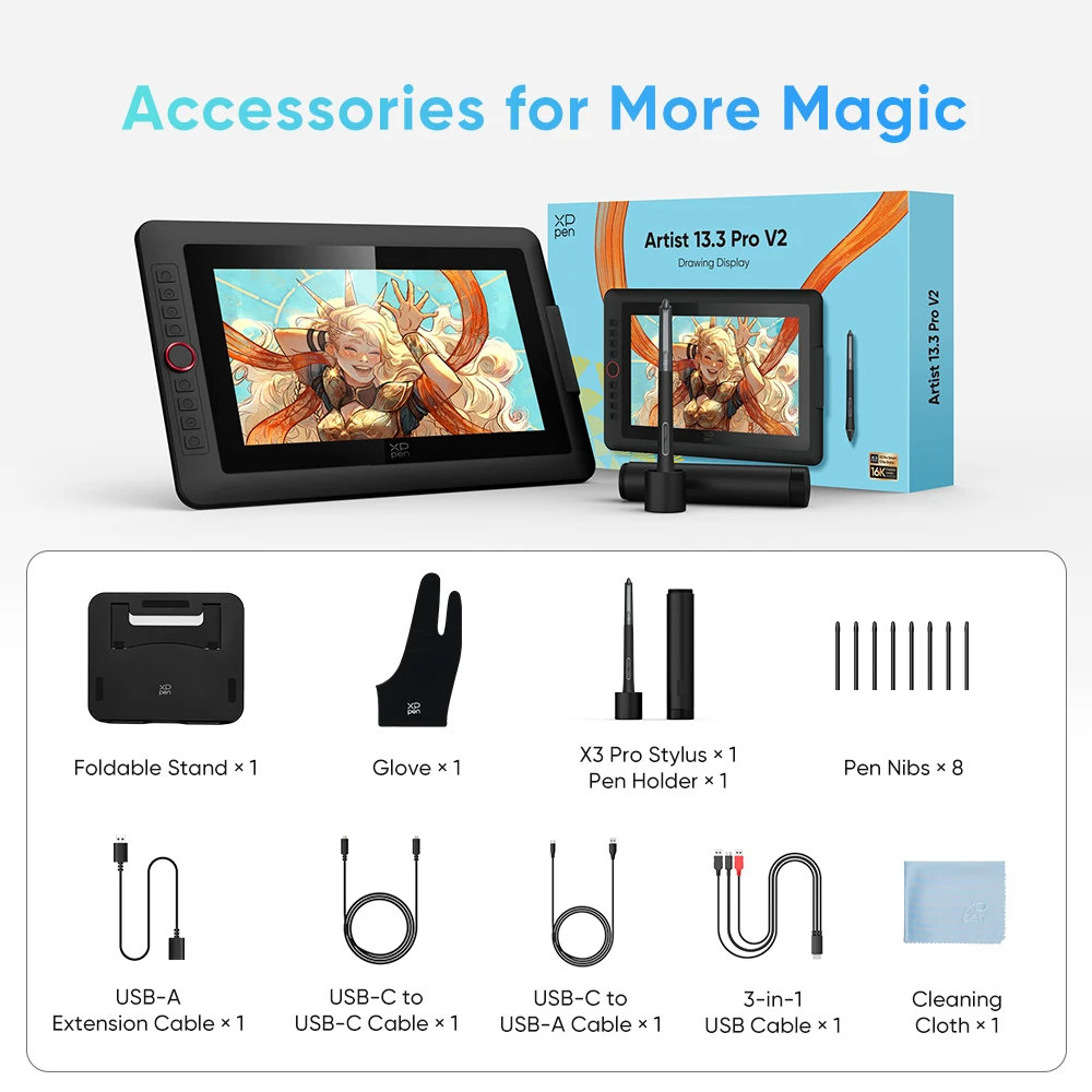 XPPen Artist 13.3 Pro V2 Tekeningmonitor Digitale grafische tablet 13,3 inch scherm Volledig gelamineerd pendisplay met X3 Pro Stylus