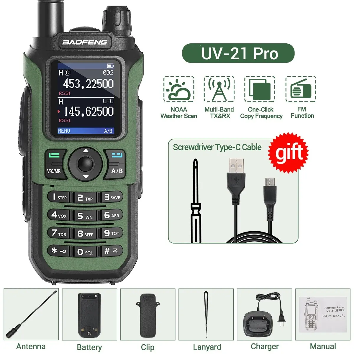 Baofeng Uv 21 Pro Draadloze Kopieer Frequentie Walkie Talkie 16 Km Am Lange Afstand Waterdichte Multi-Band Type-C Oplader Ham Radio Uv 5r