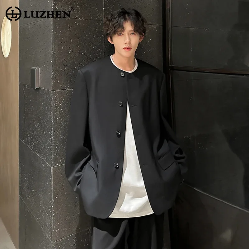 

LUZHEN Solid Color Elegant Fashion Round Neck Casual Blazer Jacket Men's 2025 Autumn New Handsome Korean Buttoned Coat JY4107