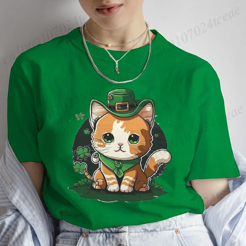 New Summer T-shirts St Patrick's Day Irish Cat Happy St Patrick's Fashion Women's Oversized T-Shirt Casual Women's Clothing Tops